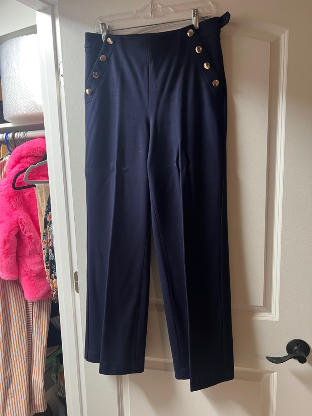 Talbots Navy High-Rise Wide-Leg Pants with Gold Buttons